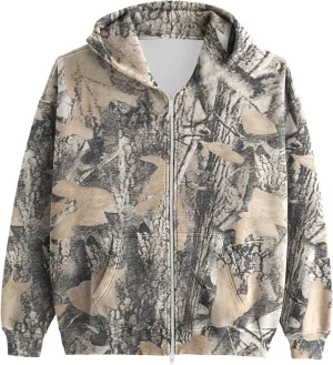 Womens Mens Camo Zip Up Hoodie Maple Leaf Print Oversized Hooded Sweatshirt Fleece Long Sleeve Jacket