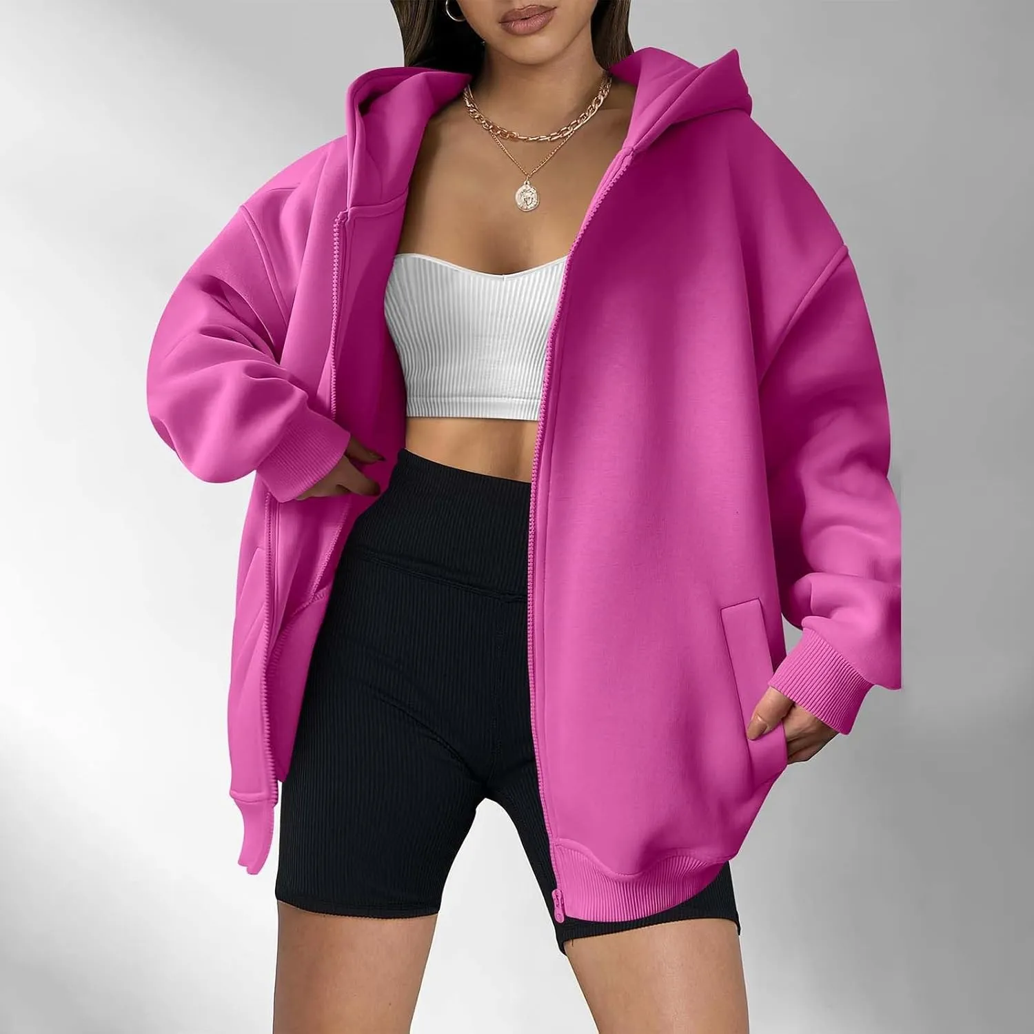 Women's Oversized Hooded Sweatshirt Full Zip Up Long Sleeve Jackets With Pockets Fall Outfits Y2K Teen Girls Clothes