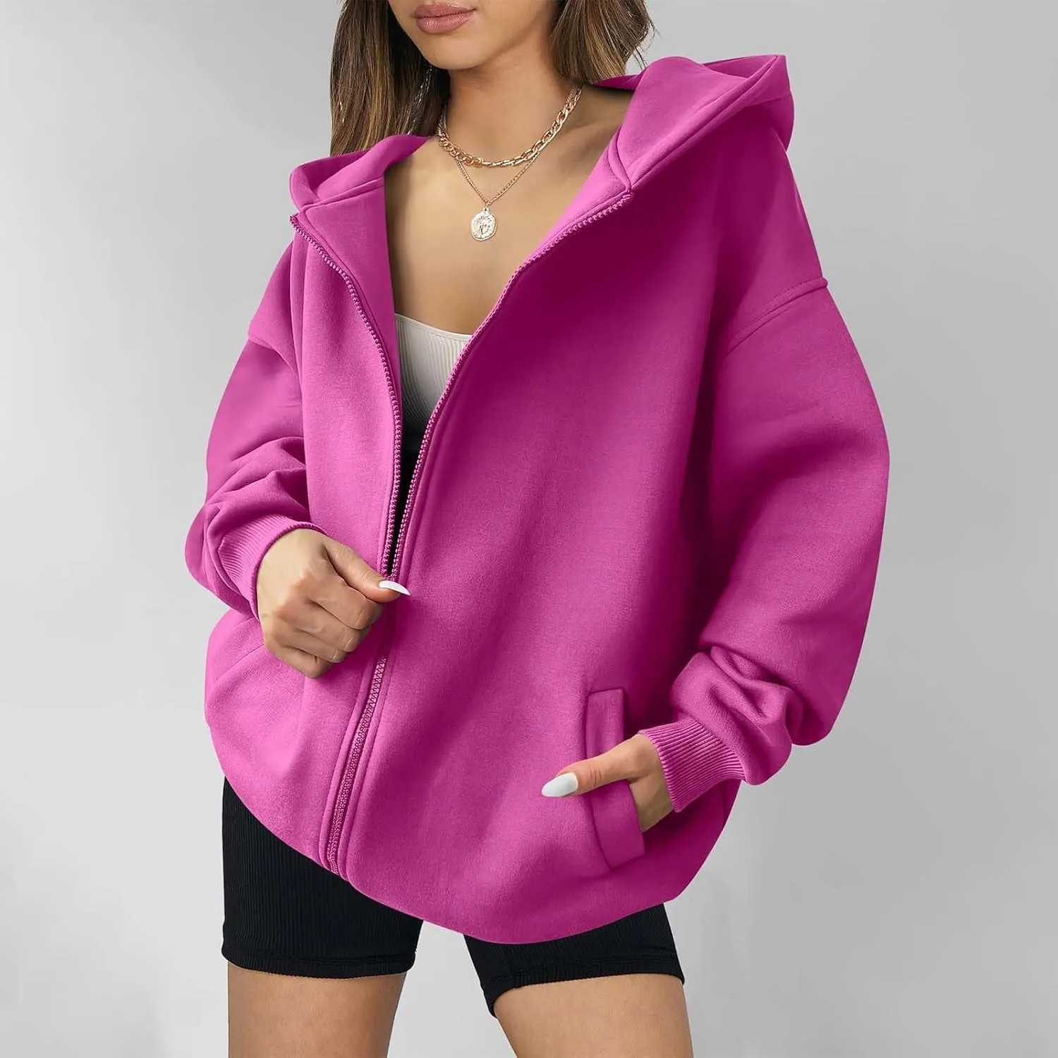 Women's Oversized Hooded Sweatshirt Full Zip Up Long Sleeve Jackets With Pockets Fall Outfits Y2K Teen Girls Clothes