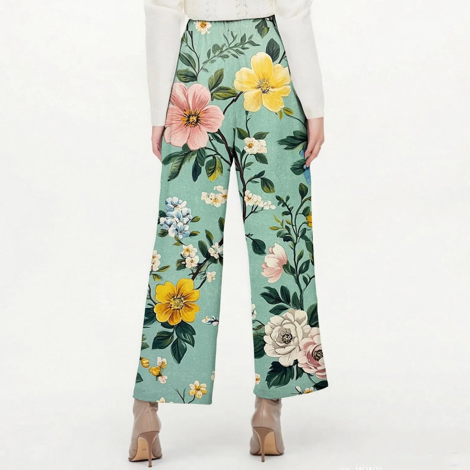 Womens Pants Boho Floral Linen Pants Elastic Waisted Casual Cotton Linen Drawstring Summer Beach Vacation Trouser