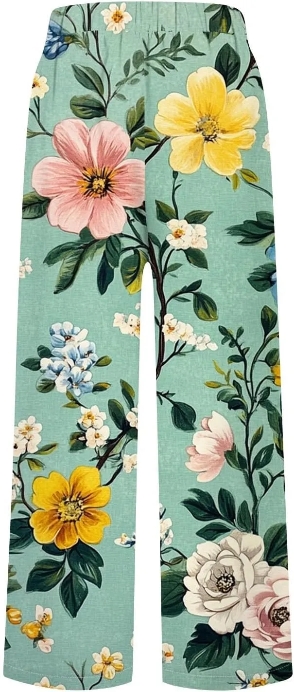 Womens Pants Boho Floral Linen Pants Elastic Waisted Casual Cotton Linen Drawstring Summer Beach Vacation Trouser
