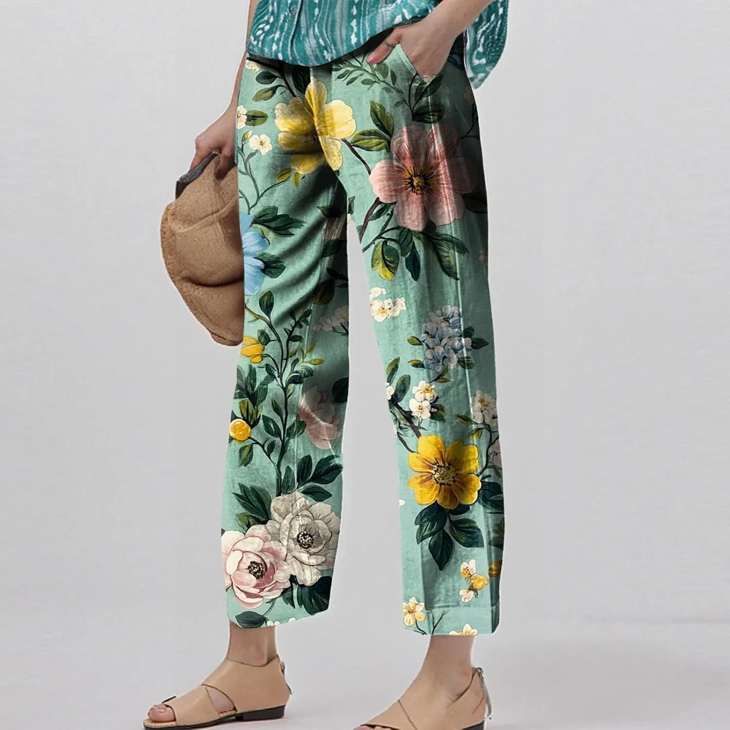 Womens Pants Boho Floral Linen Pants Elastic Waisted Casual Cotton Linen Drawstring Summer Beach Vacation Trouser