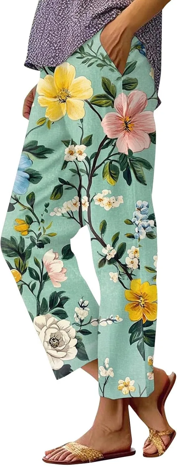 Womens Pants Boho Floral Linen Pants Elastic Waisted Casual Cotton Linen Drawstring Summer Beach Vacation Trouser