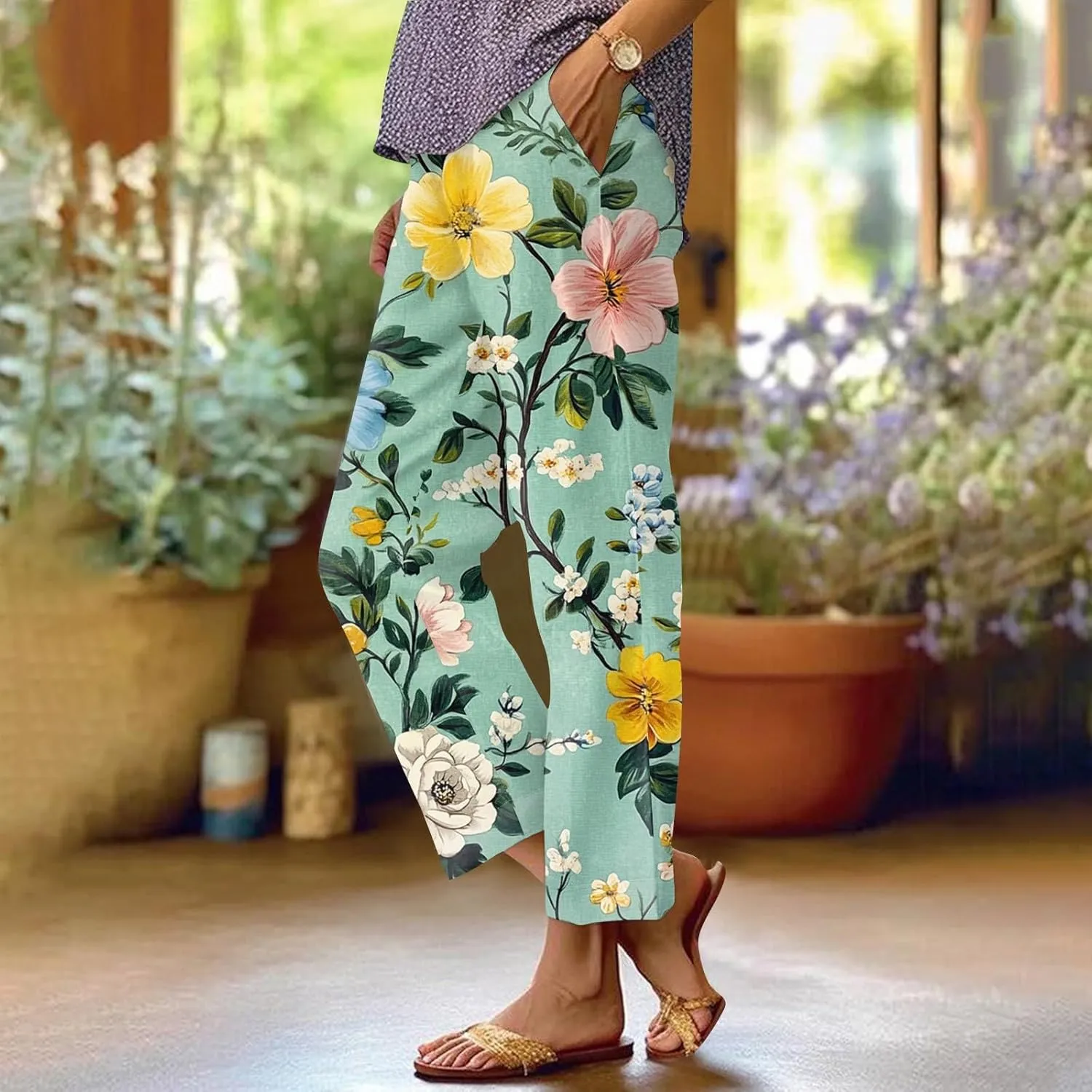Womens Pants Boho Floral Linen Pants Elastic Waisted Casual Cotton Linen Drawstring Summer Beach Vacation Trouser