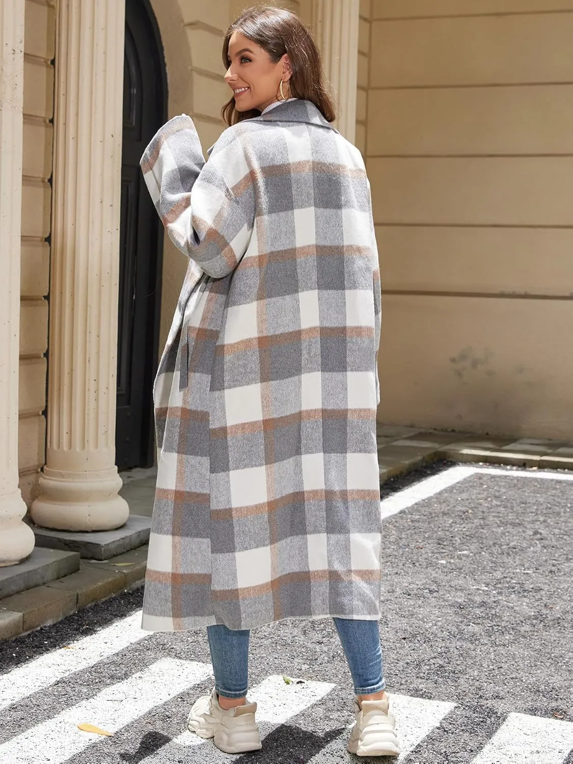 Women's Plaid Wool Coat Shacket Jacket Casual Long Sleeve Laple Button Down Flannel Trench Coats