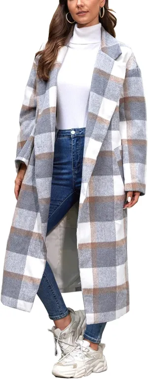 Women's Plaid Wool Coat Shacket Jacket Casual Long Sleeve Laple Button Down Flannel Trench Coats