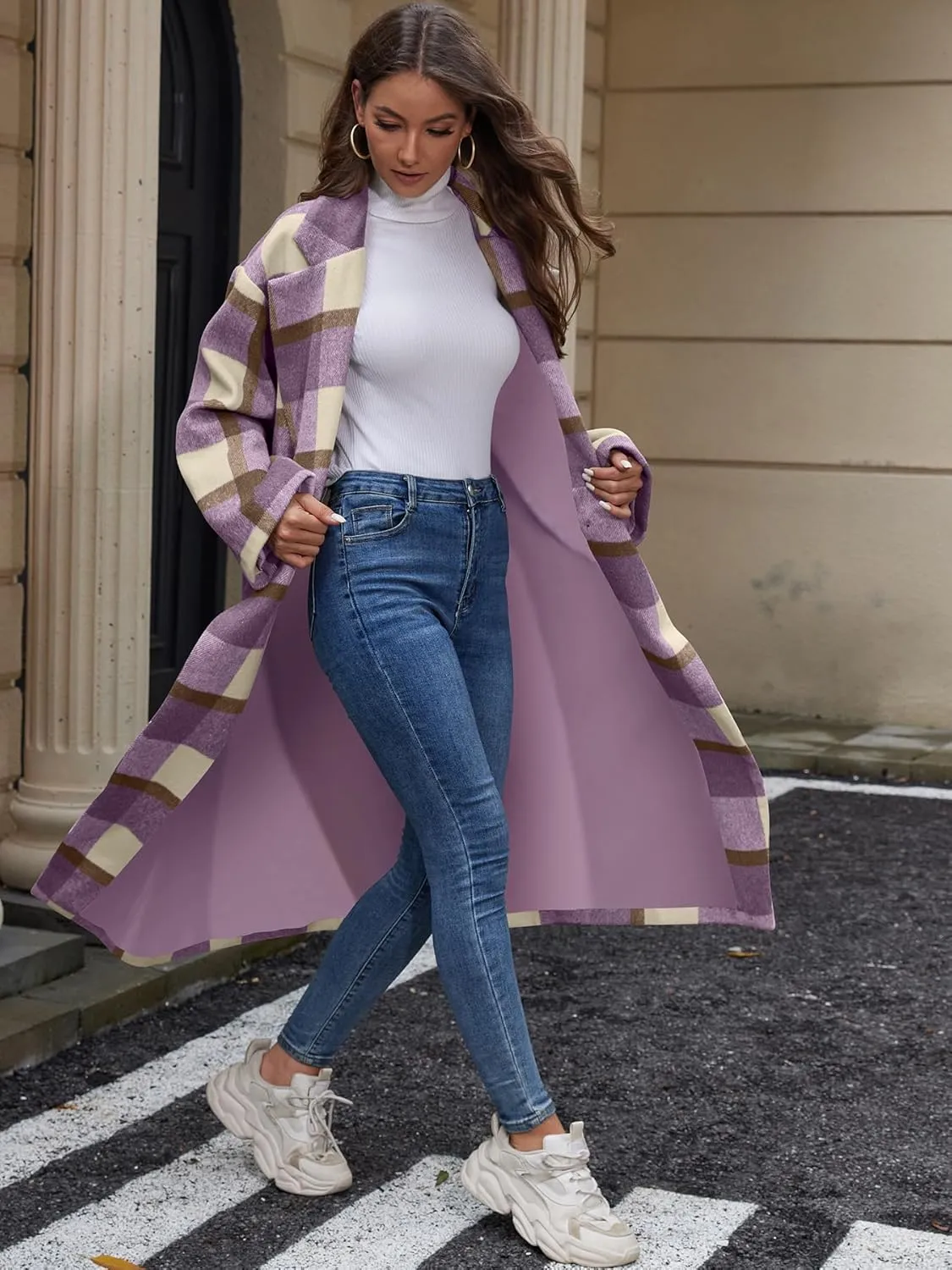 Women's Plaid Wool Coat Shacket Jacket Casual Long Sleeve Laple Button Down Flannel Trench Coats