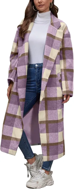 Women's Plaid Wool Coat Shacket Jacket Casual Long Sleeve Laple Button Down Flannel Trench Coats