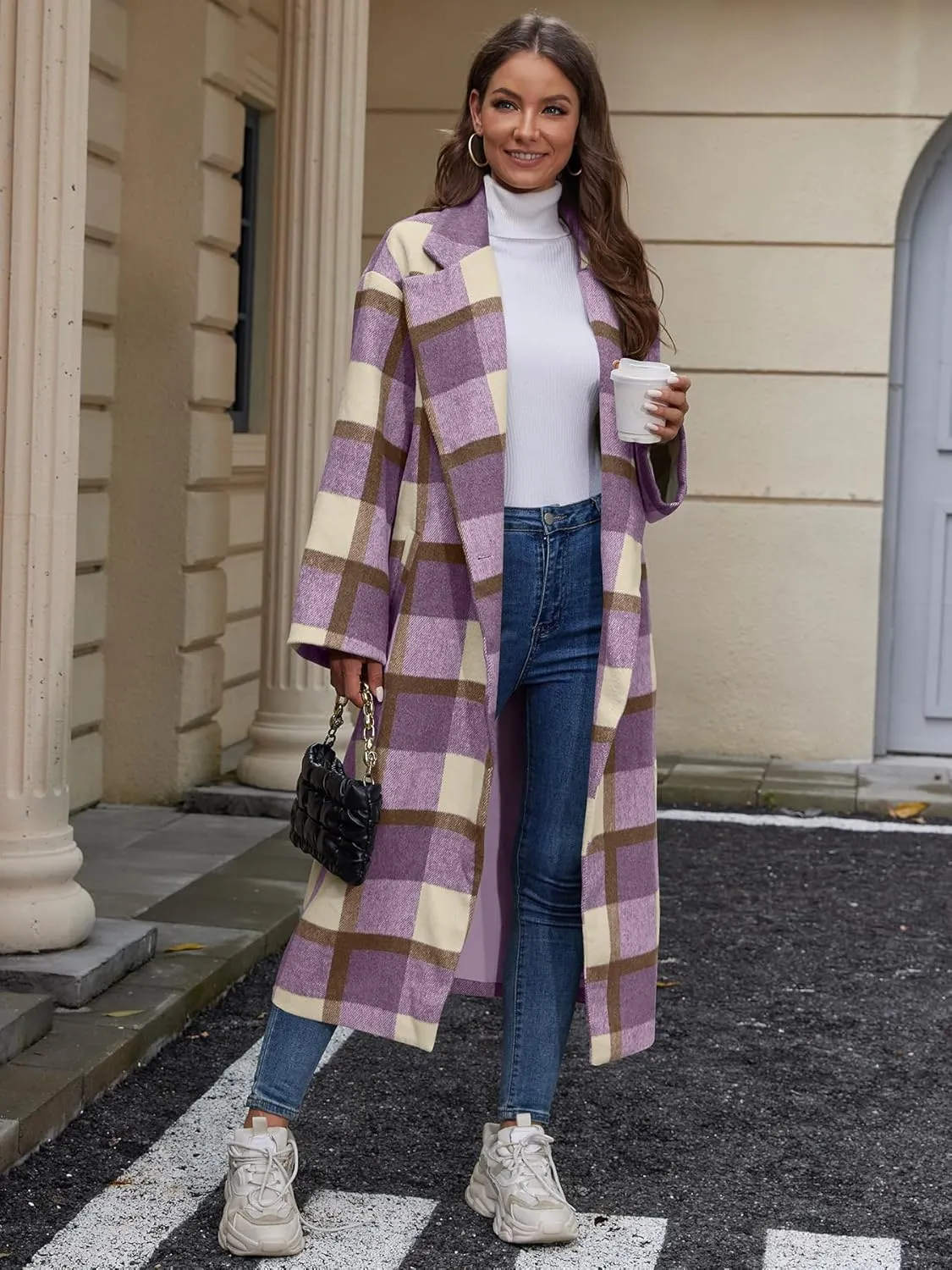 Women's Plaid Wool Coat Shacket Jacket Casual Long Sleeve Laple Button Down Flannel Trench Coats