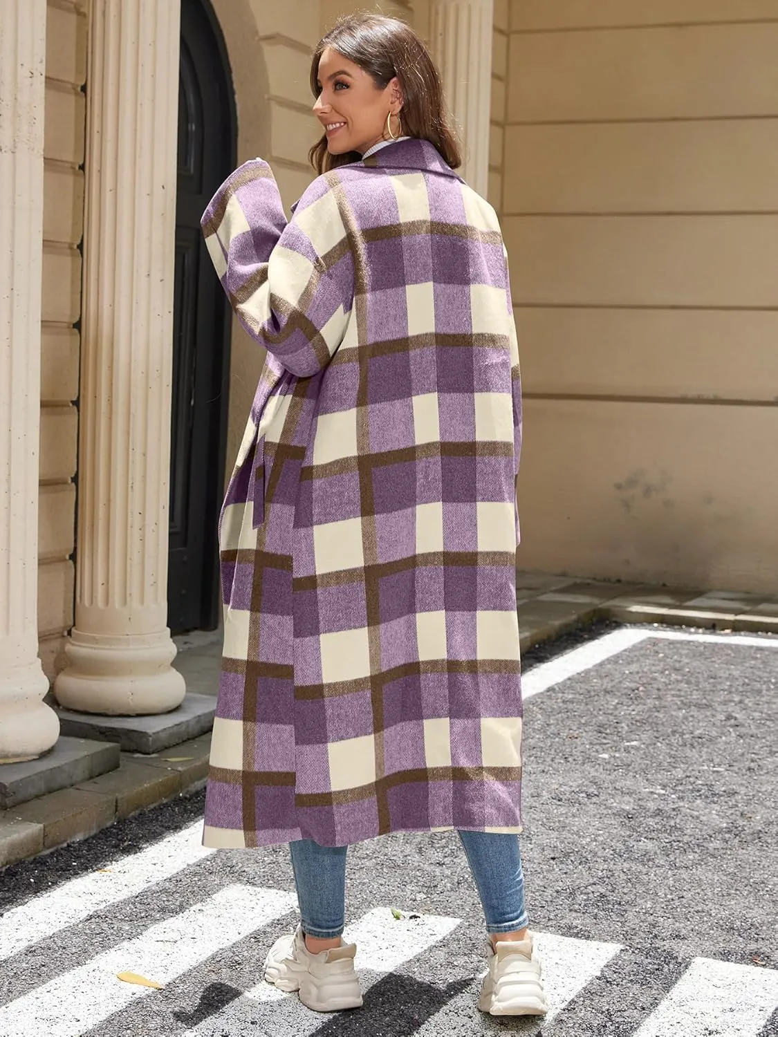 Women's Plaid Wool Coat Shacket Jacket Casual Long Sleeve Laple Button Down Flannel Trench Coats