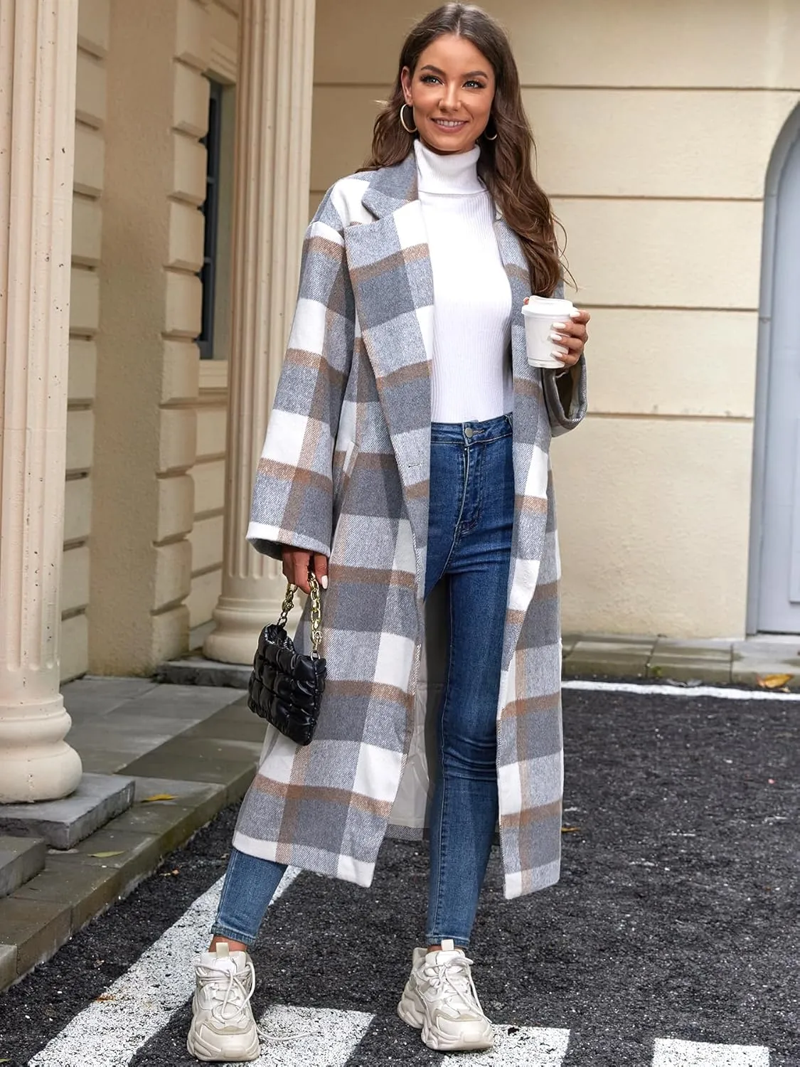 Women's Plaid Wool Coat Shacket Jacket Casual Long Sleeve Laple Button Down Flannel Trench Coats