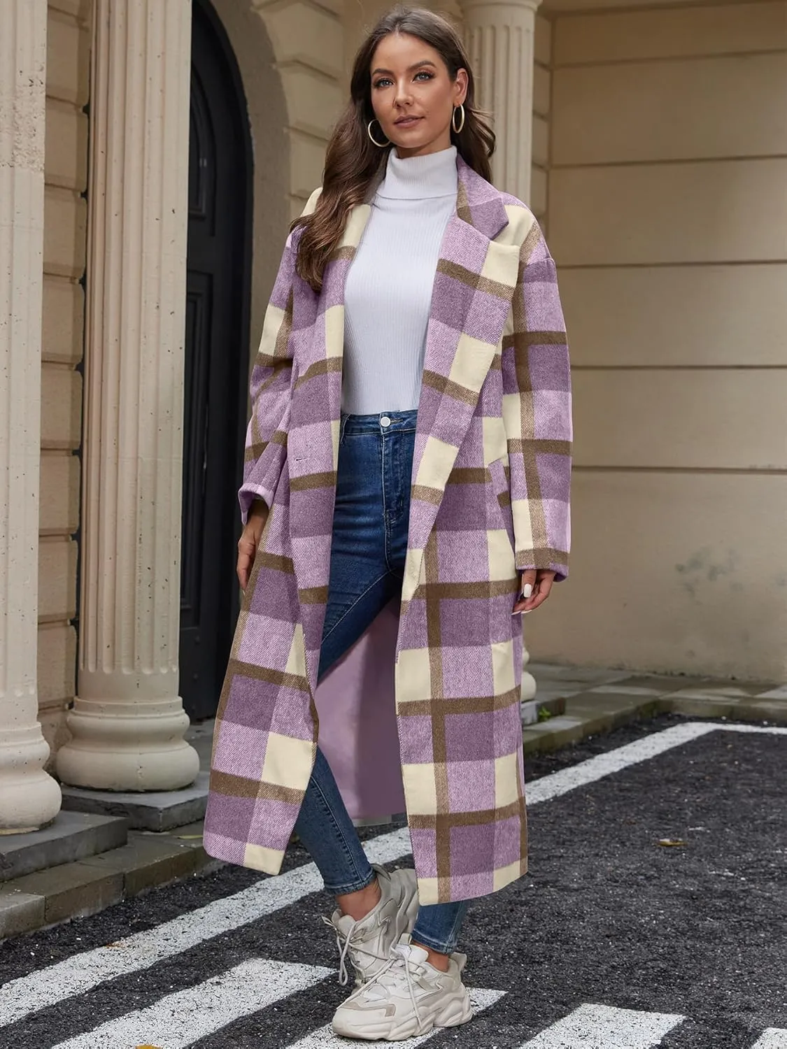 Women's Plaid Wool Coat Shacket Jacket Casual Long Sleeve Laple Button Down Flannel Trench Coats