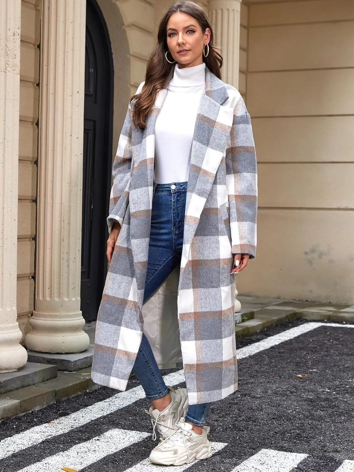 Women's Plaid Wool Coat Shacket Jacket Casual Long Sleeve Laple Button Down Flannel Trench Coats