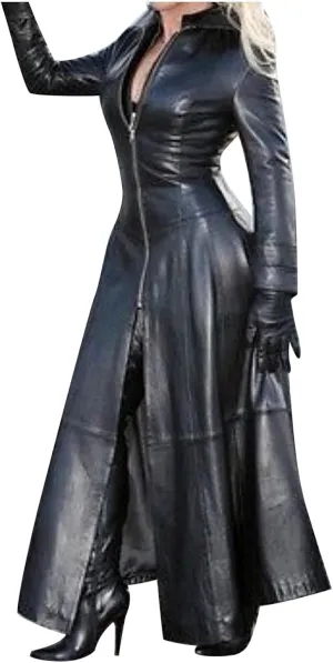 Womens PU Faux Leather Jacket Dress Lapel Long Suit Trench Coat Casual Outerwear Long Sleeve Motorcycle Biker Outwear