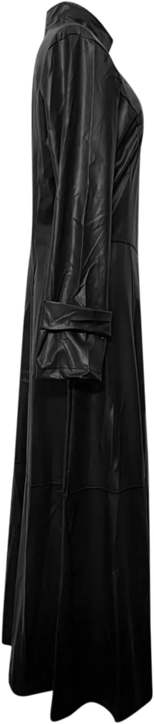 Womens PU Faux Leather Jacket Dress Lapel Long Suit Trench Coat Casual Outerwear Long Sleeve Motorcycle Biker Outwear