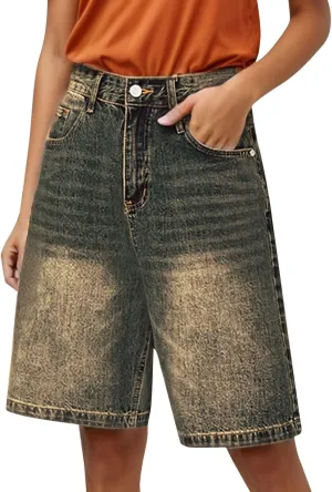 Women's Retro Distressed Denim Shorts Loose Straight Leg 5 Pocket Hot Pants Short Sleeve Turtleneck Women