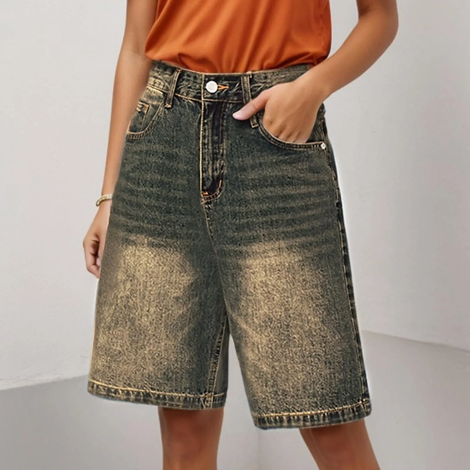Women's Retro Distressed Denim Shorts Loose Straight Leg 5 Pocket Hot Pants Short Sleeve Turtleneck Women