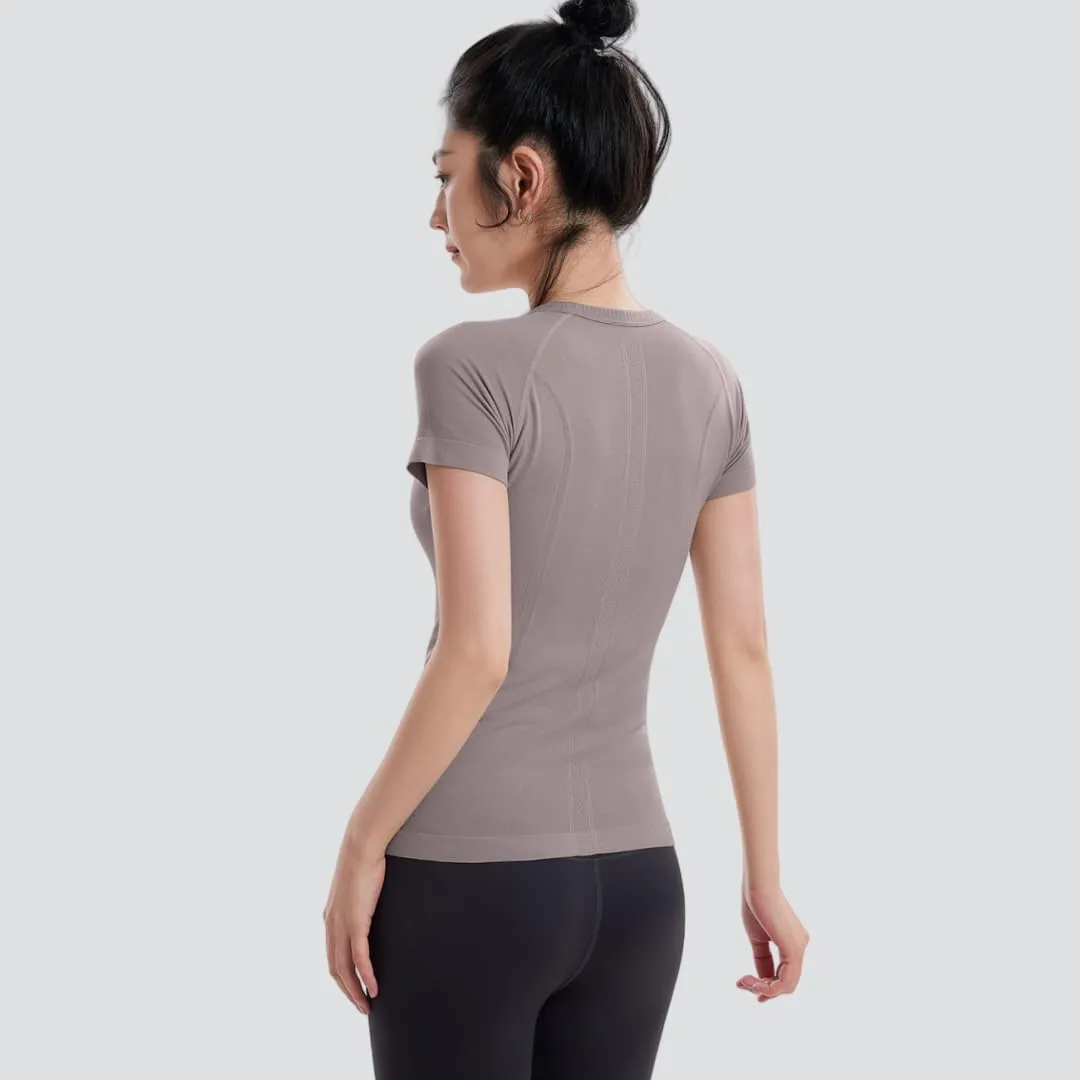 Women's Seamless Workout T-Shirt Stretchy Running Top,Quick-Dry Yoga Shirt with Textured Design for Athletic Gym