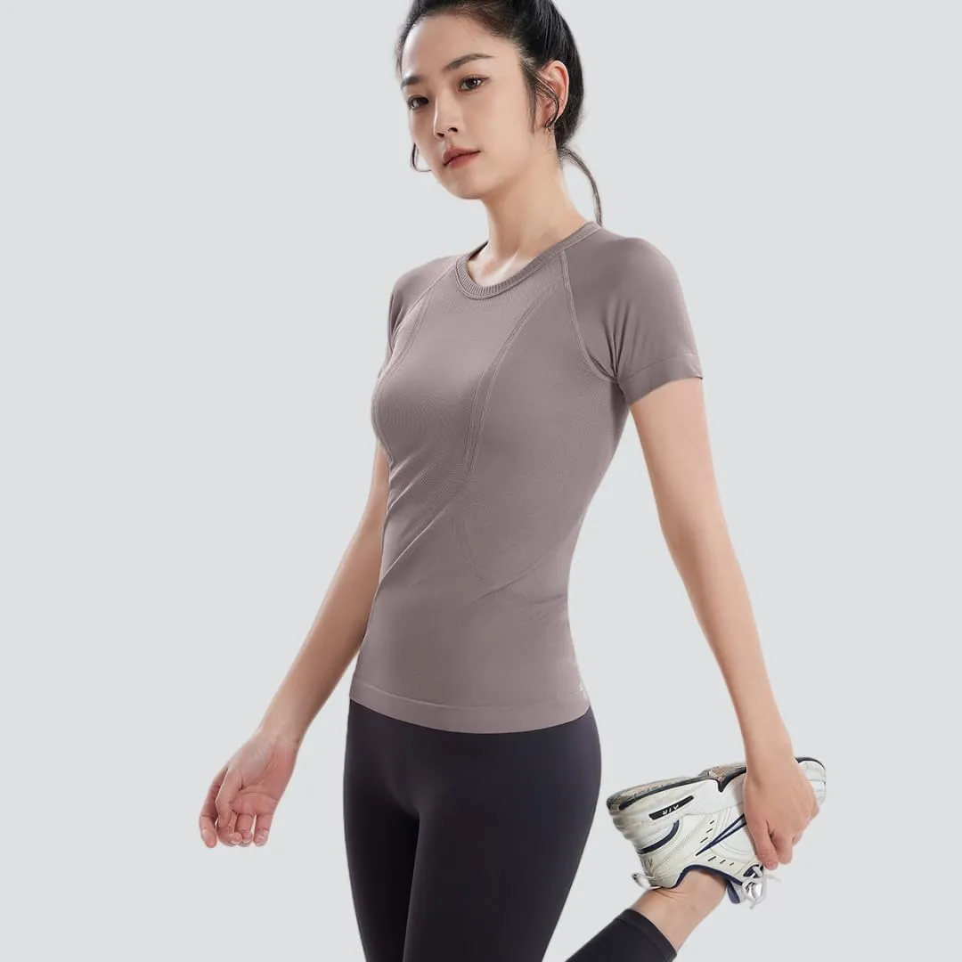 Women's Seamless Workout T-Shirt Stretchy Running Top,Quick-Dry Yoga Shirt with Textured Design for Athletic Gym