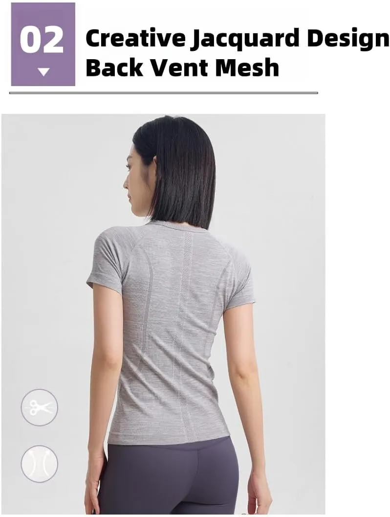 Women's Seamless Workout T-Shirt Stretchy Running Top,Quick-Dry Yoga Shirt with Textured Design for Athletic Gym
