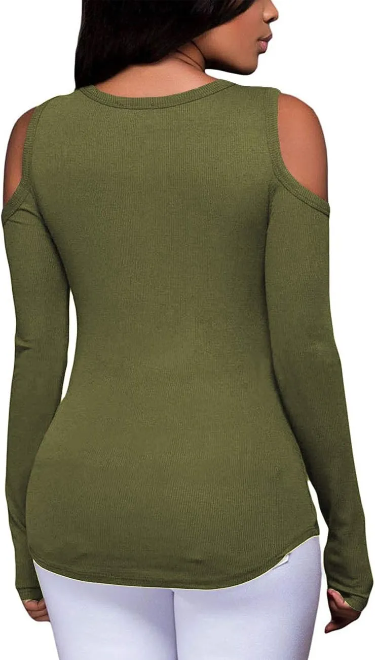 Women's Sexy V-Neck Cold Shoulder Long Sleeve Blouse Shirt Slim Lace-Up Ribbed Stretchy T-Shirt Top
