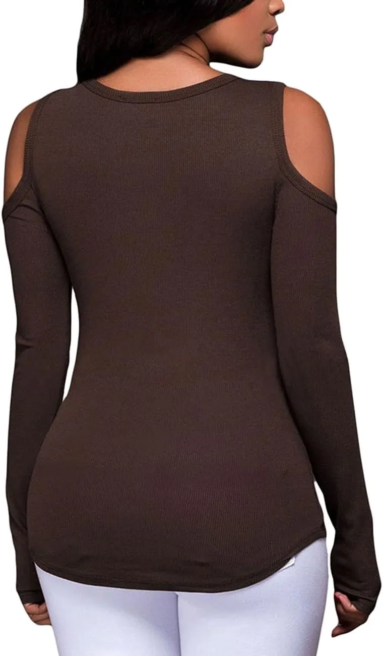 Women's Sexy V-Neck Cold Shoulder Long Sleeve Blouse Shirt Slim Lace-Up Ribbed Stretchy T-Shirt Top