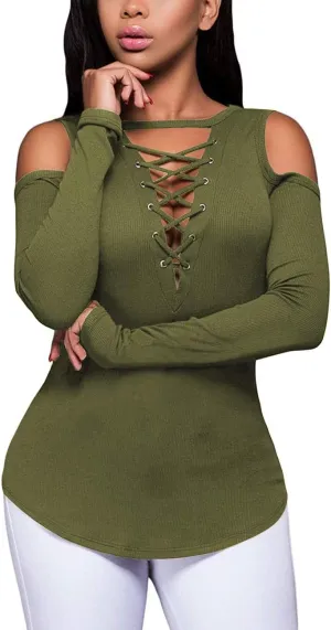 Women's Sexy V-Neck Cold Shoulder Long Sleeve Blouse Shirt Slim Lace-Up Ribbed Stretchy T-Shirt Top