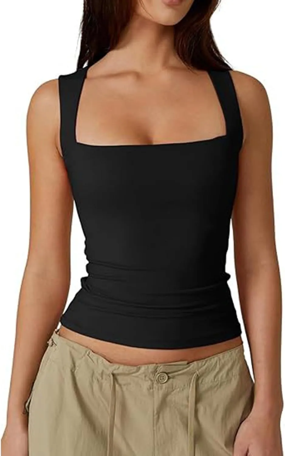 Women's Sleeveless Square Neck T-Shirt Camisole Summer Casual Slim Basic Sleeveless T-Shirt Fashion Cute Outing Tops