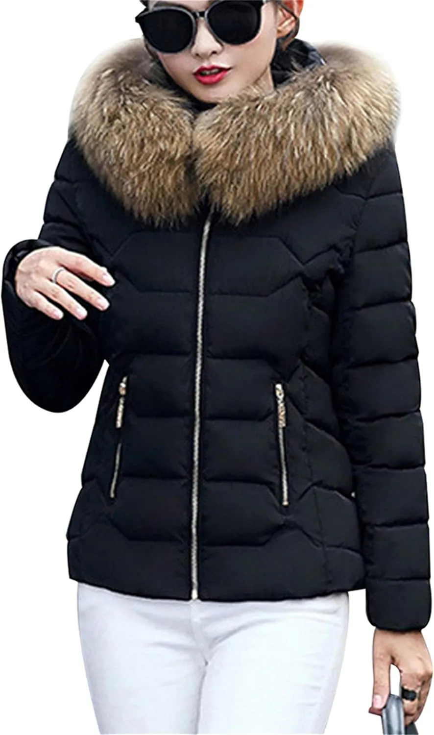 Women's Slim Fit Thermal Jacket Hooded Quilted Coat Winter Long Sleeve Full Zip Puffer Jacket