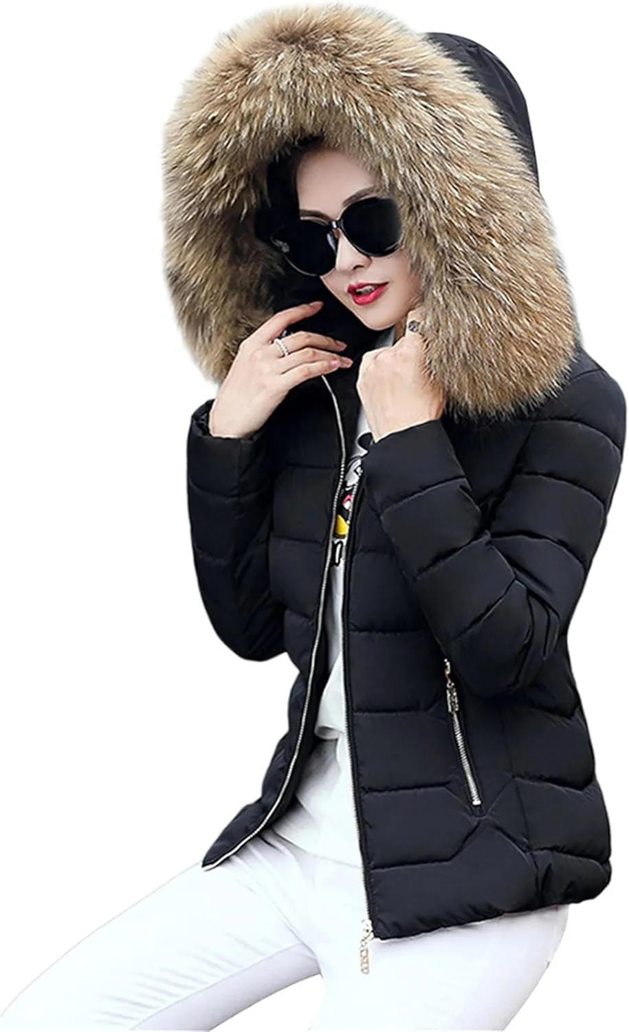 Women's Slim Fit Thermal Jacket Hooded Quilted Coat Winter Long Sleeve Full Zip Puffer Jacket