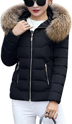 Women's Slim Fit Thermal Jacket Hooded Quilted Coat Winter Long Sleeve Full Zip Puffer Jacket