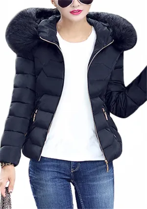Women's Slim Fit Thermal Jacket Hooded Quilted Coat Winter Long Sleeve Full Zip Puffer Jacket