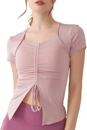 Women's Slim-Fit Yoga T-Shirt Quick-Dry Running Top,Breathable Gym Shirt with Drawstring Hem and Split Sides