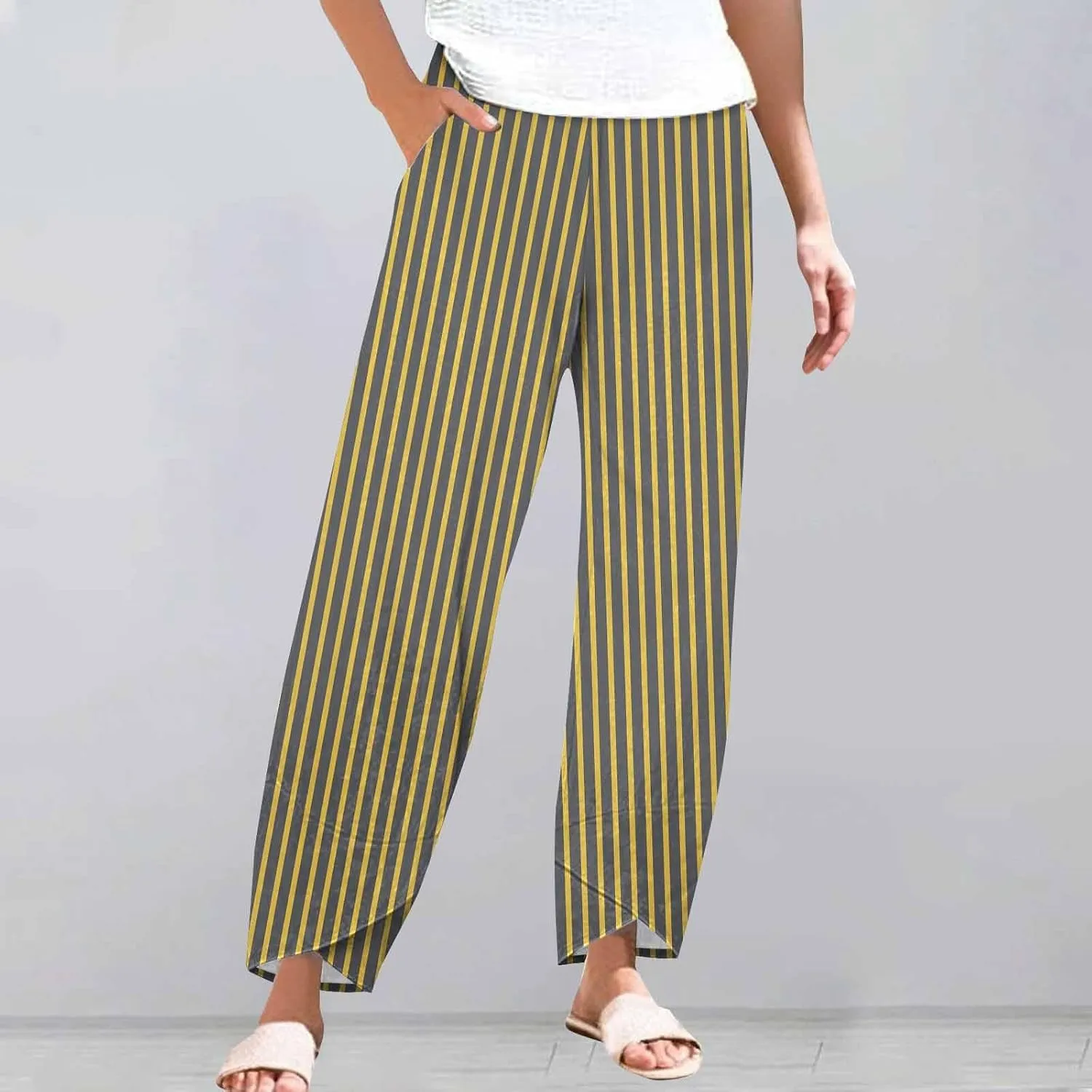 Women's Striped Printed Elastic High Waist Cropped Pants Wide Leg Casual Summer Beach Trousers for Women with Pocket