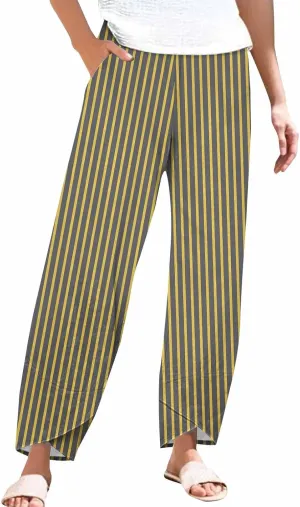 Women's Striped Printed Elastic High Waist Cropped Pants Wide Leg Casual Summer Beach Trousers for Women with Pocket