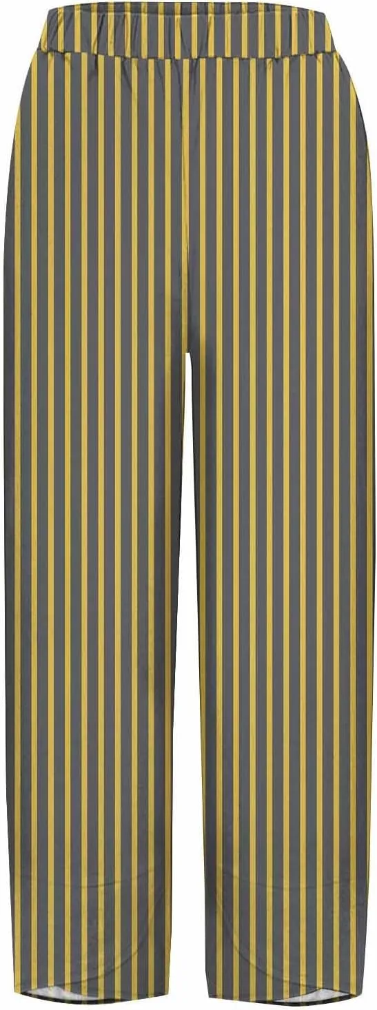 Women's Striped Printed Elastic High Waist Cropped Pants Wide Leg Casual Summer Beach Trousers for Women with Pocket