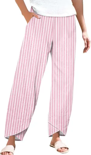 Women's Striped Printed Elastic High Waist Wide Leg Cropped Pants Casual Summer Fall Trousers for Women with Pockets
