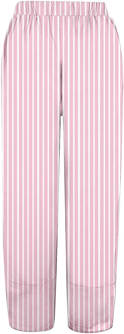 Women's Striped Printed Elastic High Waist Wide Leg Cropped Pants Casual Summer Fall Trousers for Women with Pockets
