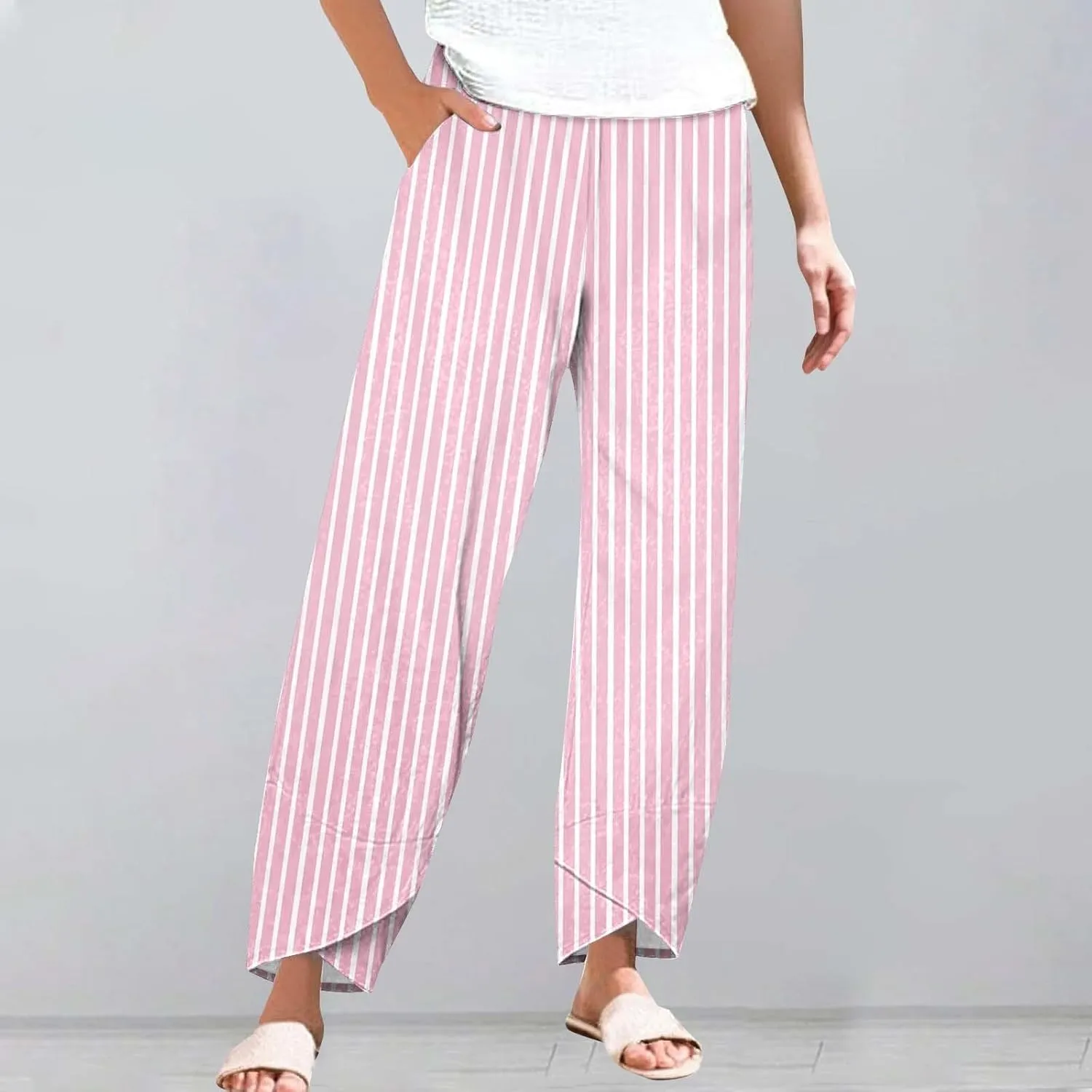 Women's Striped Printed Elastic High Waist Wide Leg Cropped Pants Casual Summer Fall Trousers for Women with Pockets