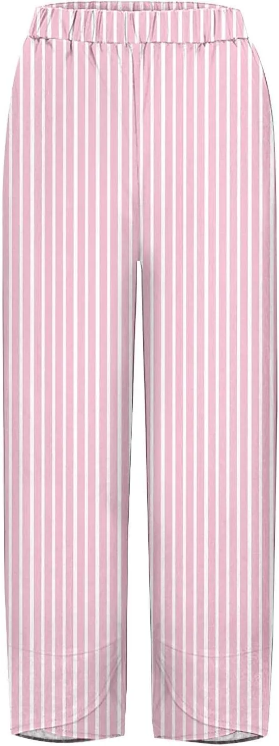 Women's Striped Printed Elastic High Waist Wide Leg Cropped Pants Casual Summer Fall Trousers for Women with Pockets