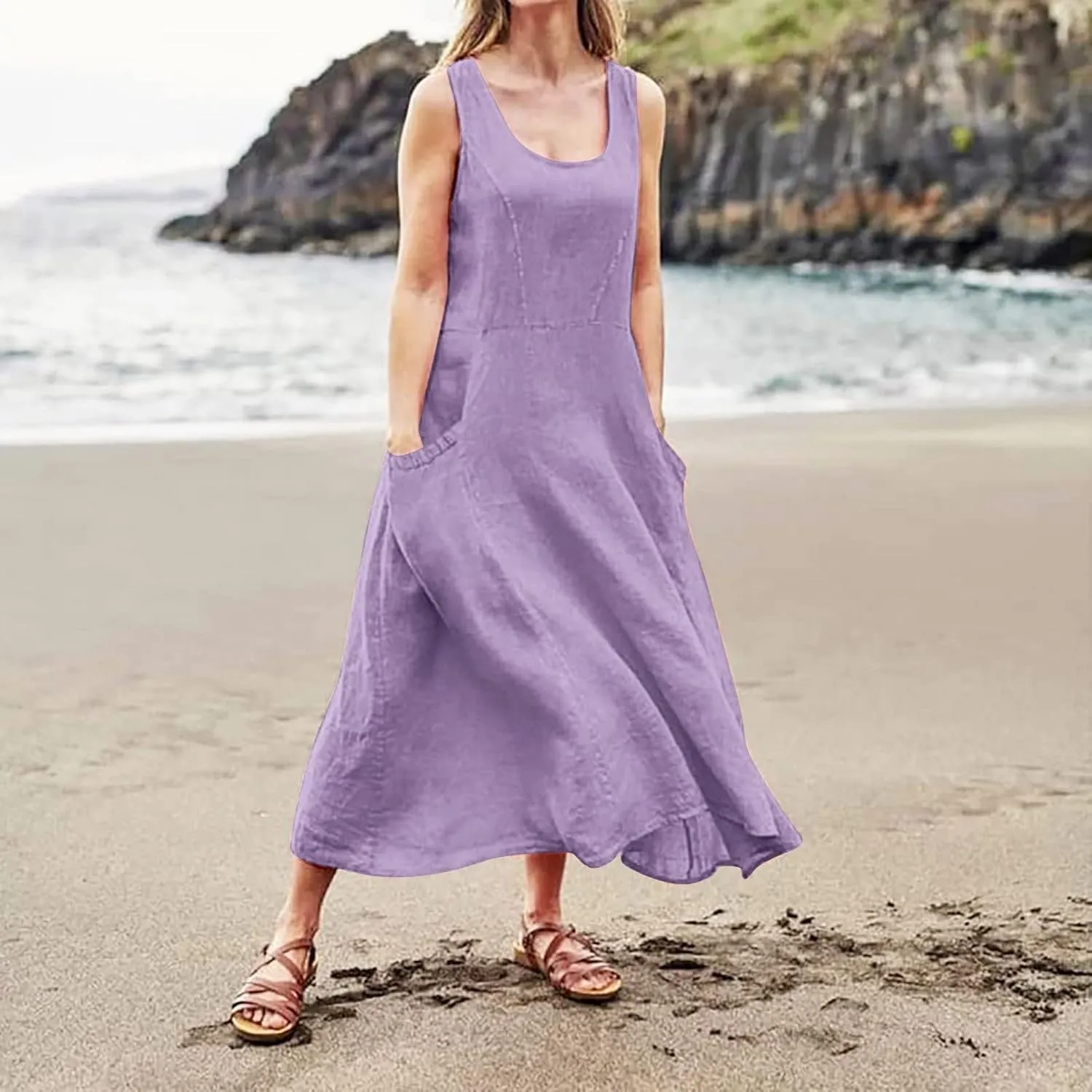 Women's Summer 2022 Casual Fashion Solid Cotton and Short Sleeve Medium Long Dress