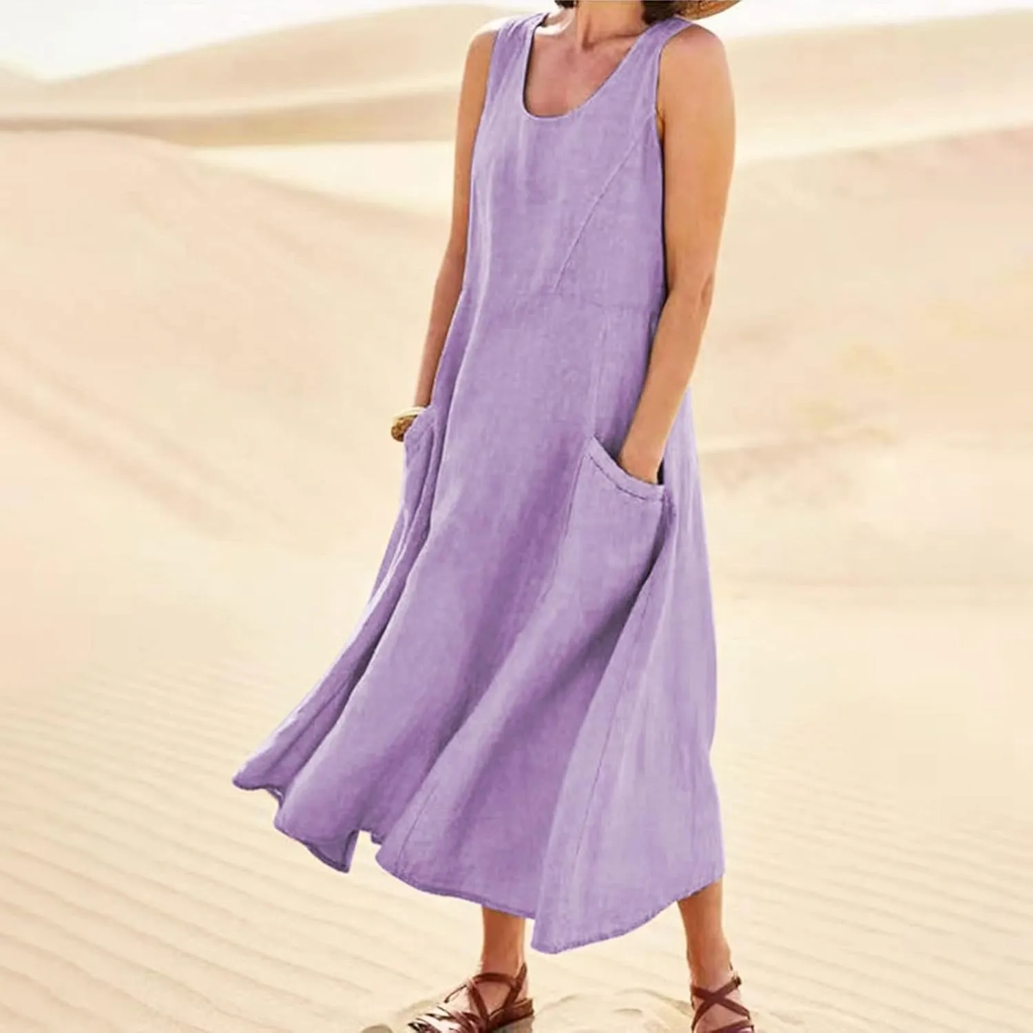 Women's Summer 2022 Casual Fashion Solid Cotton and Short Sleeve Medium Long Dress
