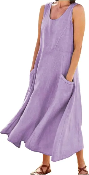 Women's Summer 2022 Casual Fashion Solid Cotton and Short Sleeve Medium Long Dress