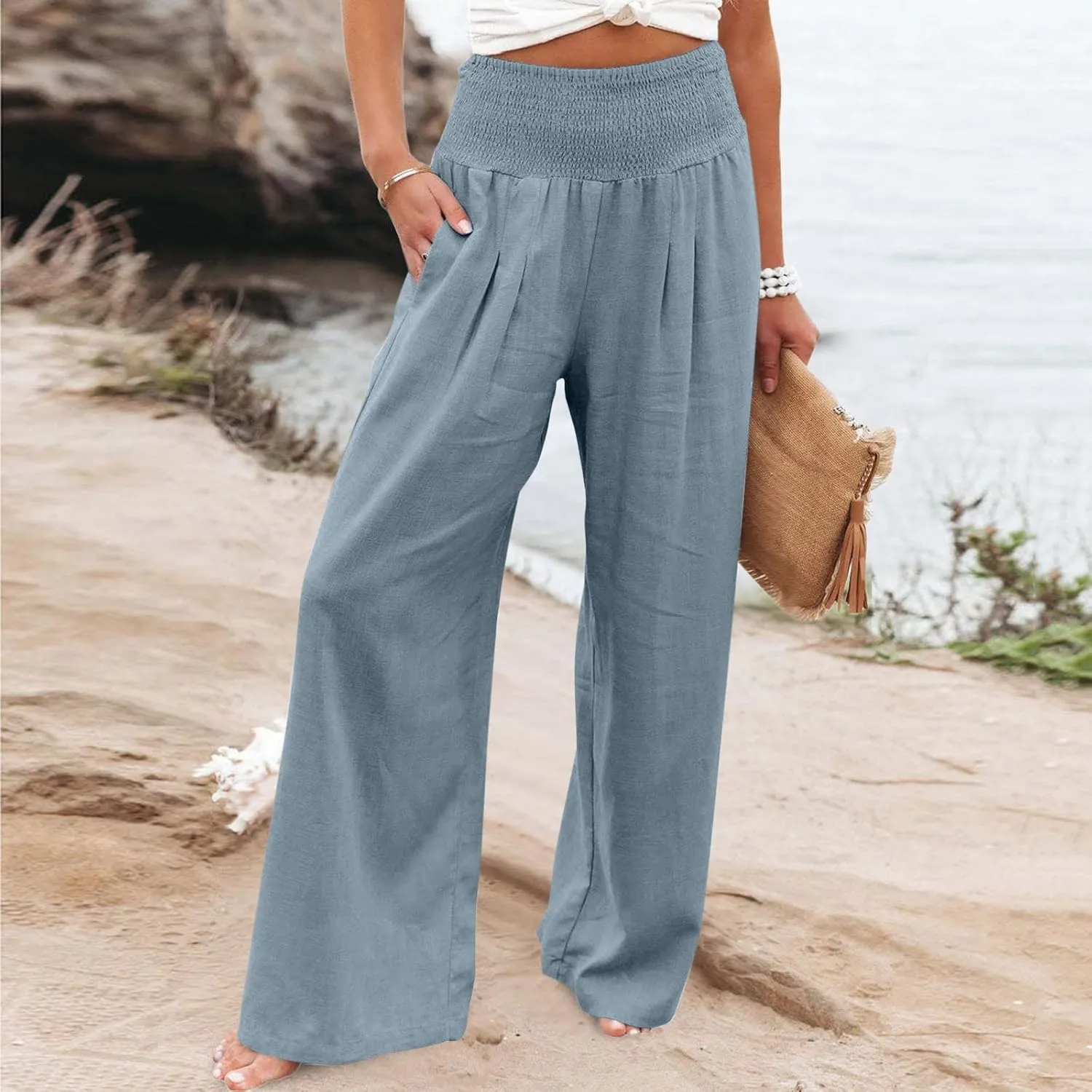 Womens Summer Cotton Linen Pants Casual Straight Leg Elastic High Waist Loose Palazzo Trousers with Pockets