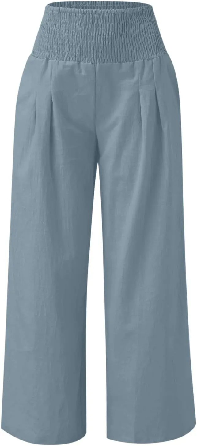 Womens Summer Cotton Linen Pants Casual Straight Leg Elastic High Waist Loose Palazzo Trousers with Pockets