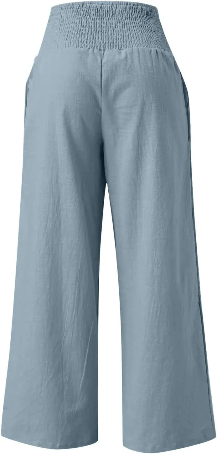 Womens Summer Cotton Linen Pants Casual Straight Leg Elastic High Waist Loose Palazzo Trousers with Pockets