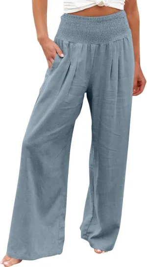 Womens Summer Cotton Linen Pants Casual Straight Leg Elastic High Waist Loose Palazzo Trousers with Pockets