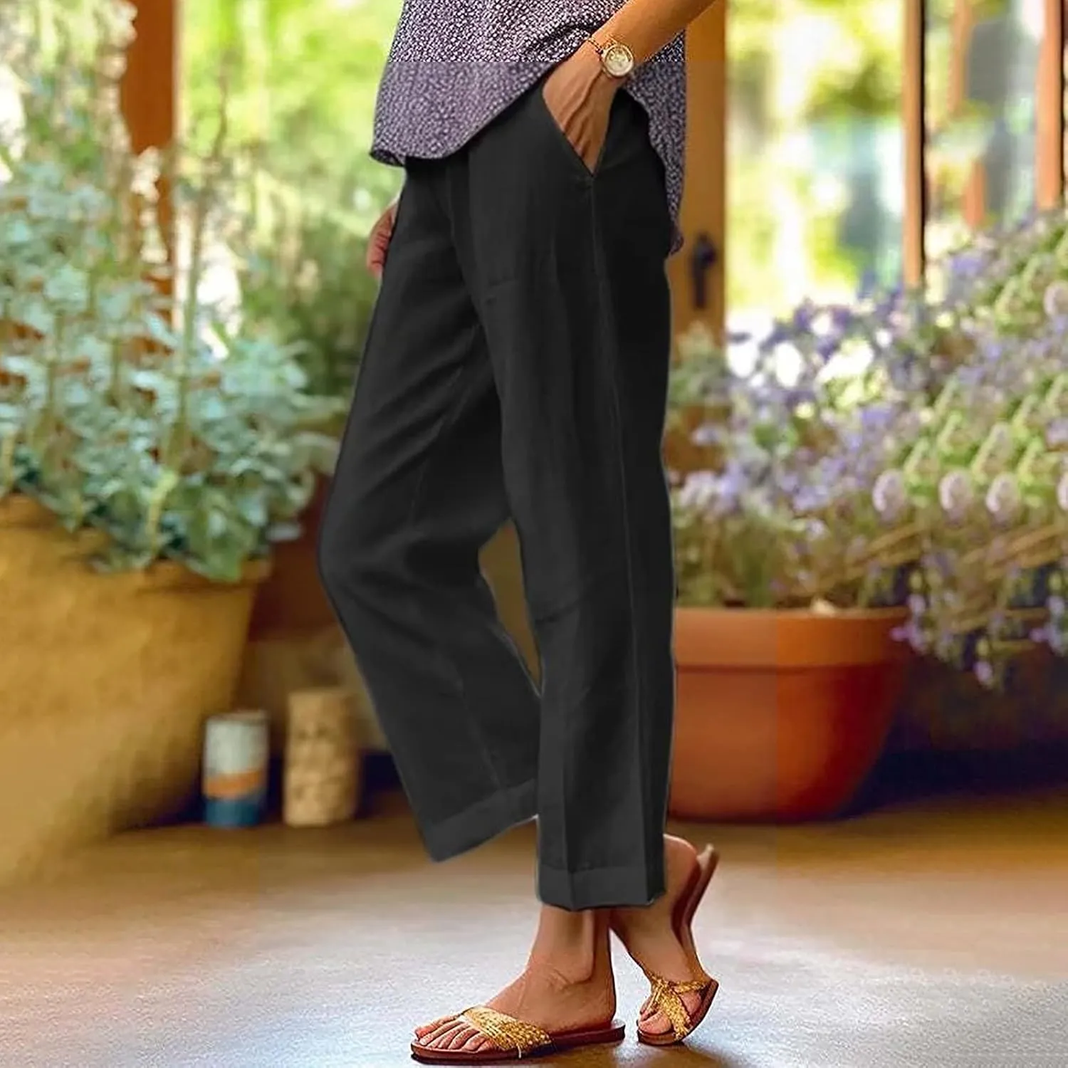 Women's Summer Drawstring Waist Pants Long Drawstring Linen Women Waist Cotton Casual Pants Summer Boho Wide Leg