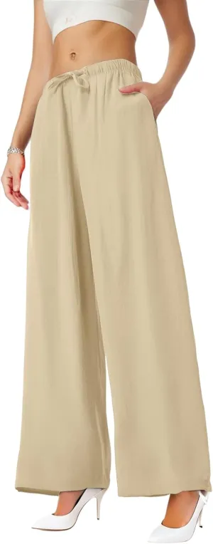 Women's Summer Elastic Waist Wide Leg Pants 2025 Solid Color Cotton Linen Lounge Flowy Long Trousers