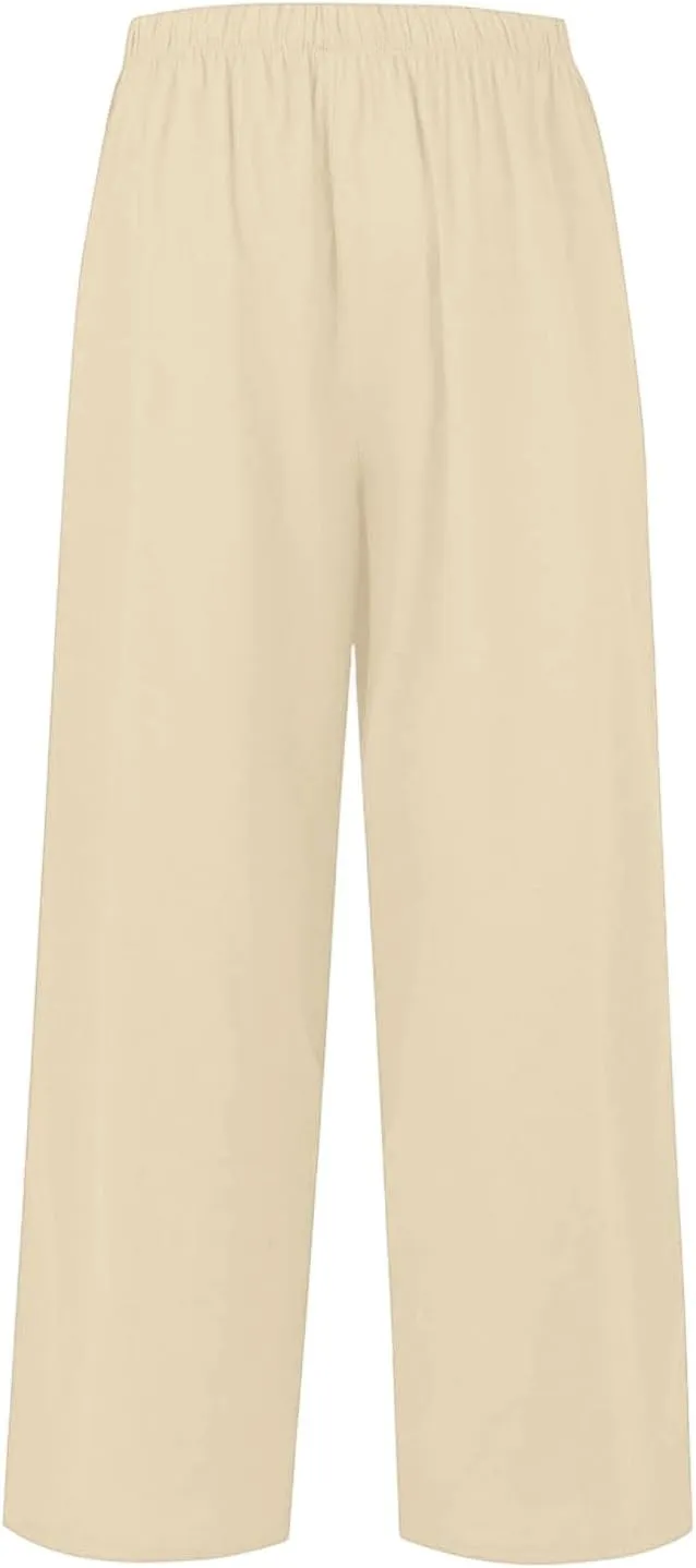 Women's Summer Elastic Waist Wide Leg Pants 2025 Solid Color Cotton Linen Lounge Flowy Long Trousers
